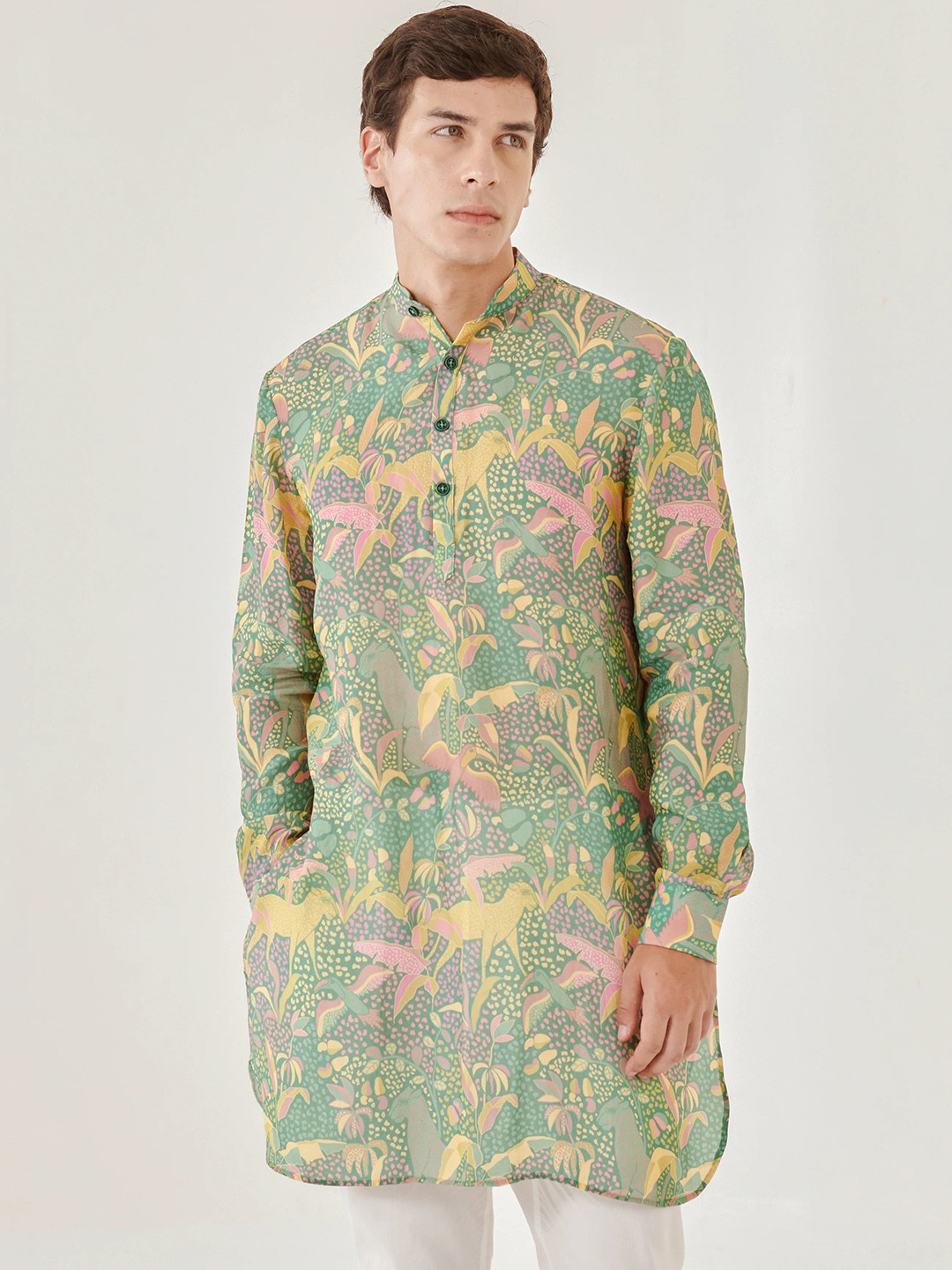 

QB MEN Conversational Printed Cotton Straight Kurta, Green