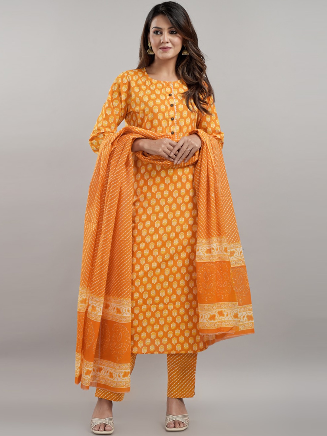 

STYLUM FAB Floral Printed Pure Cotton Kurta With Trousers & Dupatta, Yellow