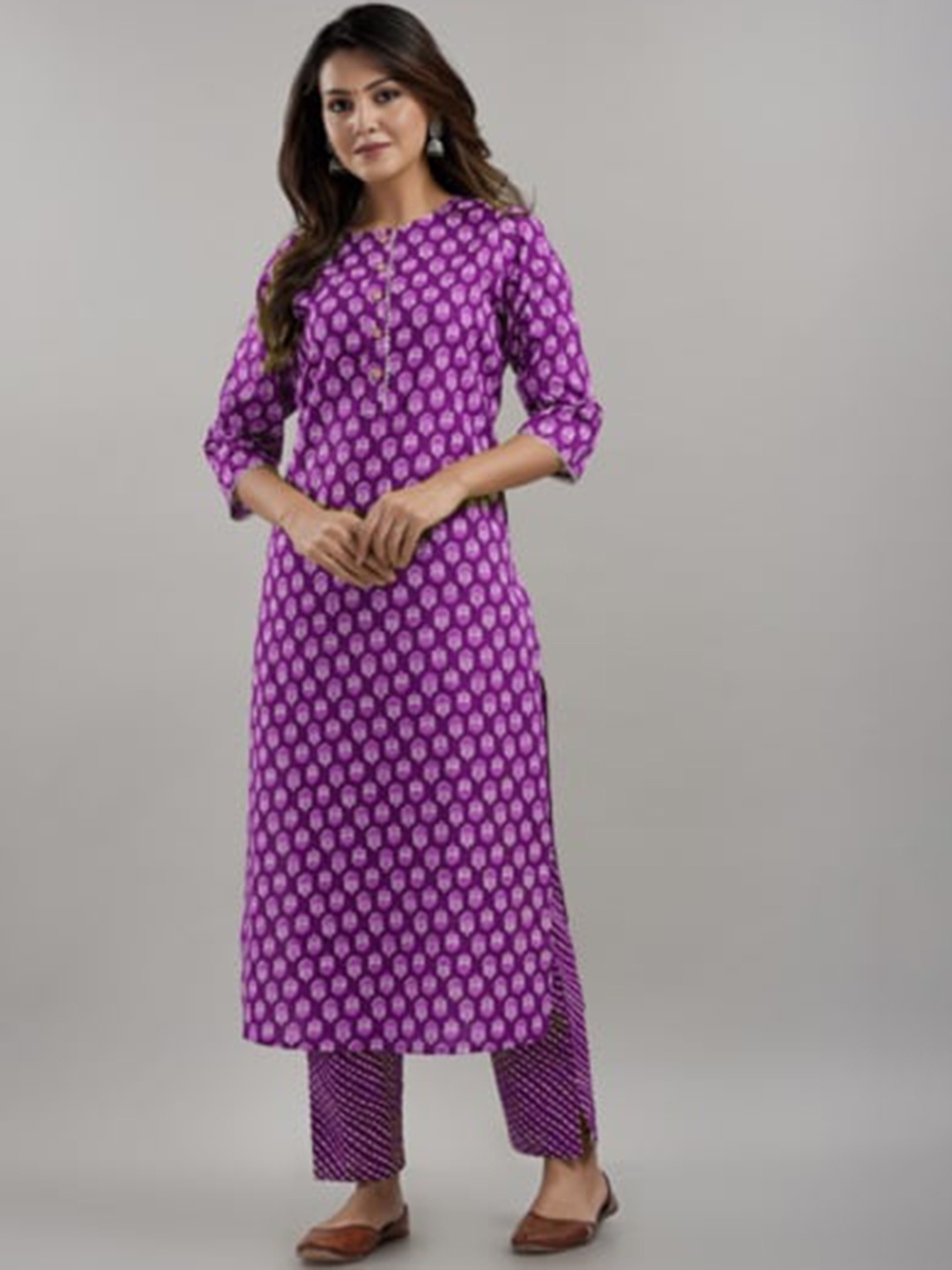 

STYLUM FAB Ethnic Motifs Printed Gotta Patti Pure Cotton Kurta With Dupatta, Purple