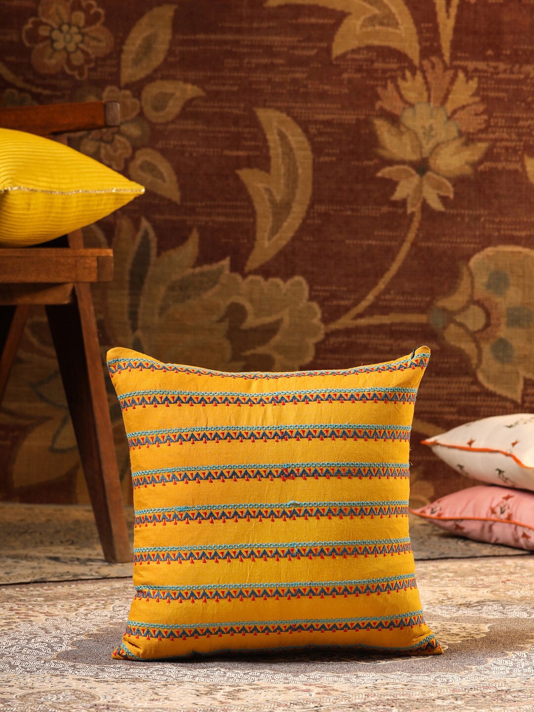 

House of Pataudi Mustard Yellow & Blue Embroidered Square Cushion Cover