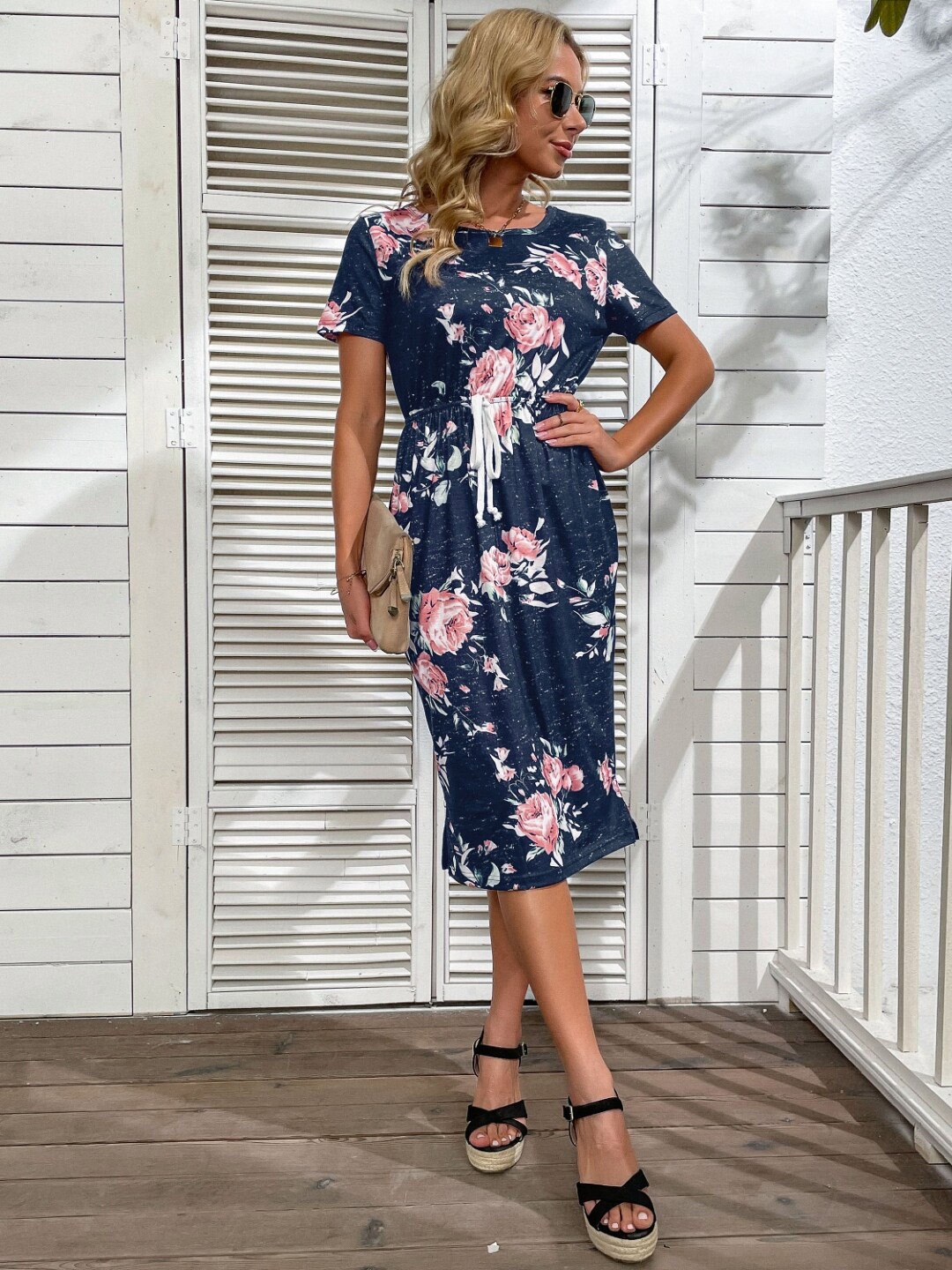 

StyleCast Navy Blue Floral Printed A-Line Midi Dress