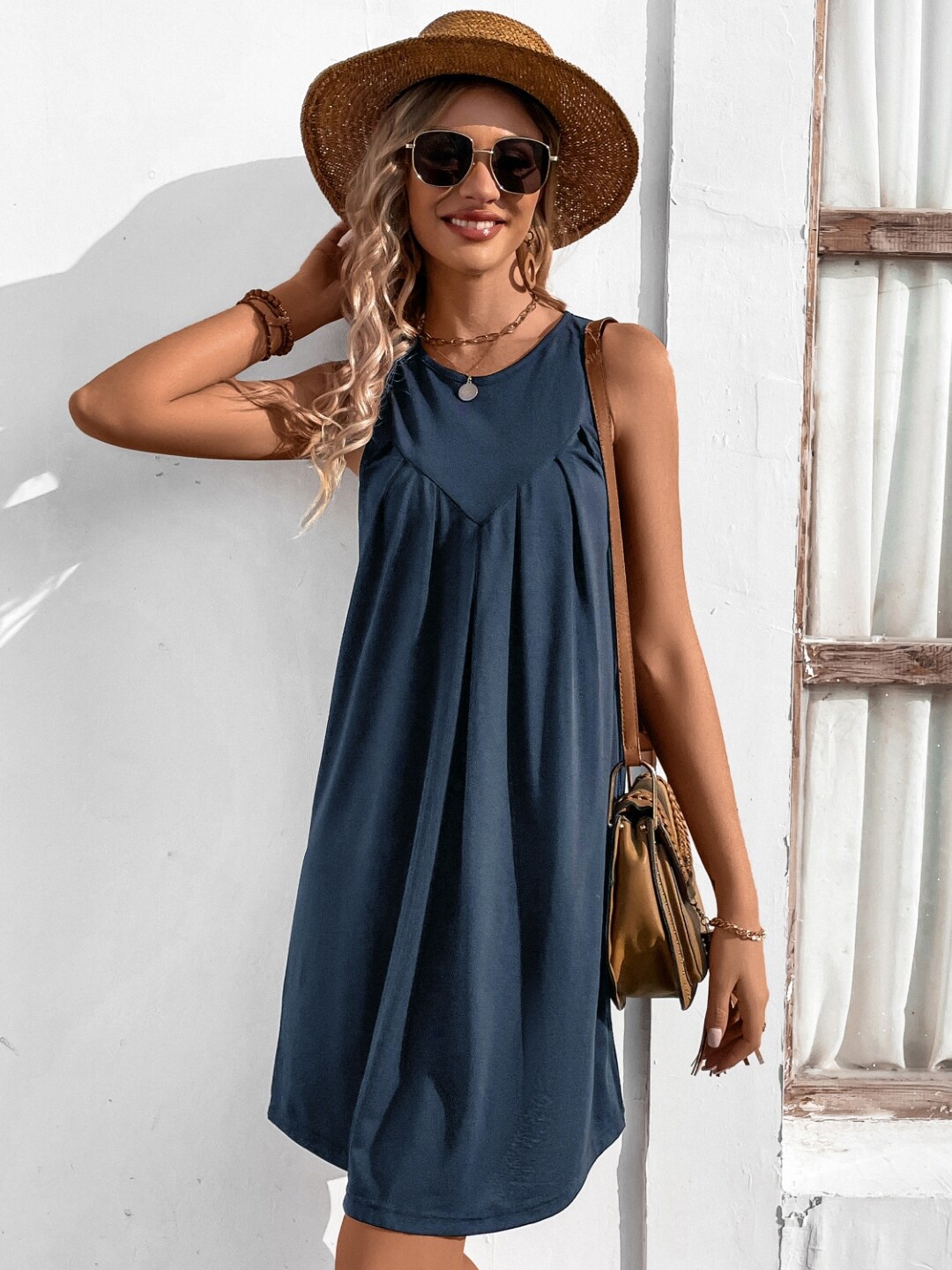 

StyleCast Round Neck Sleeveless A-Line Dress, Navy blue