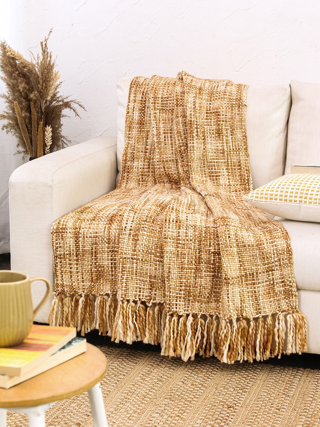 

House This Beige & Brown Self Design Acrylic Throws