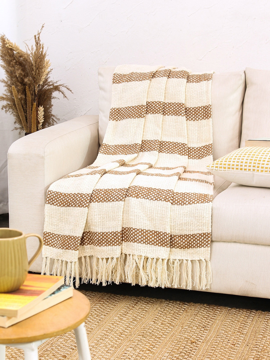 

House This Beige & Brown Self Design Cotton Throws