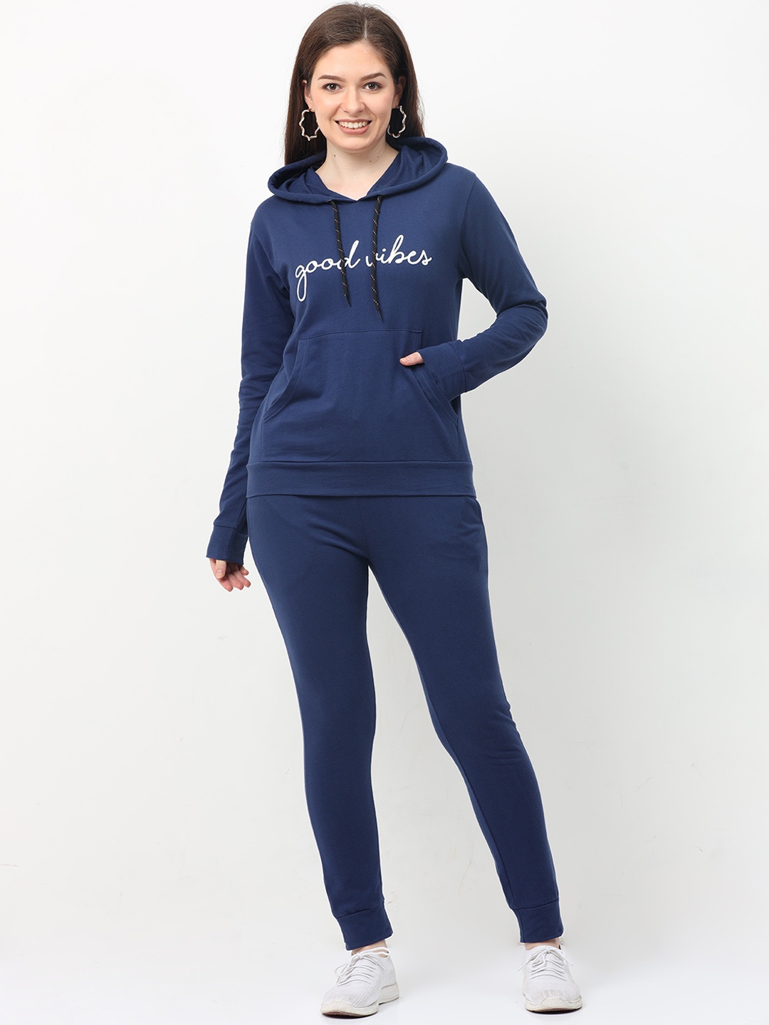 

9shines Label Typography Printed Hooded Pure Cotton Tracksuit, Navy blue