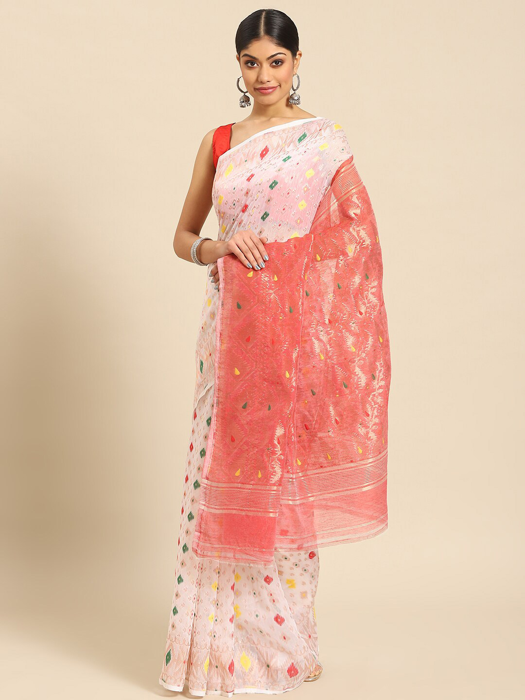 

ADITRI Handloom Ethnic Motifs Woven Design Silk Cotton Saree, White