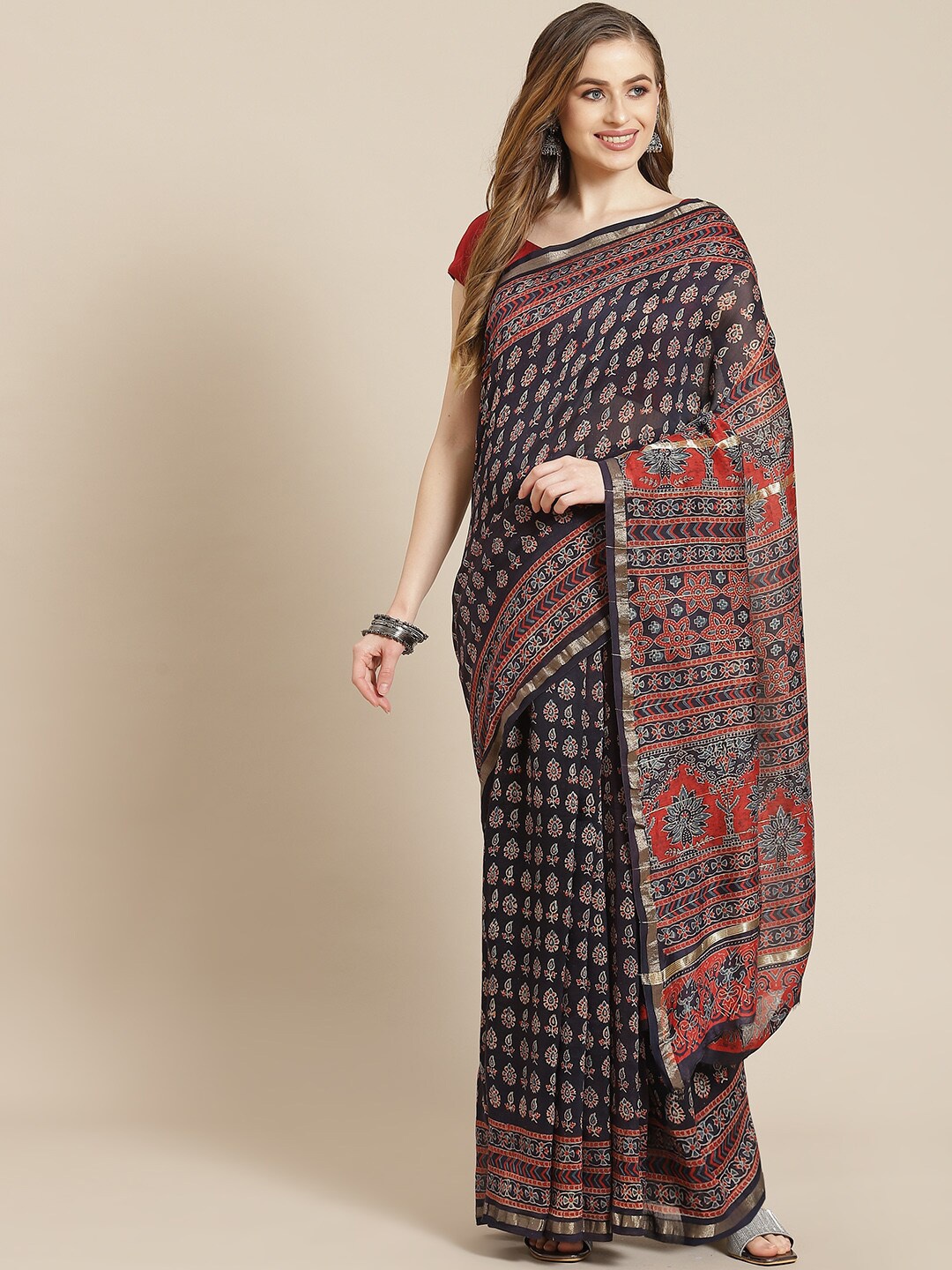 

ADITRI Handloom Ajrak Block Printed Pure Silk Saree, Black