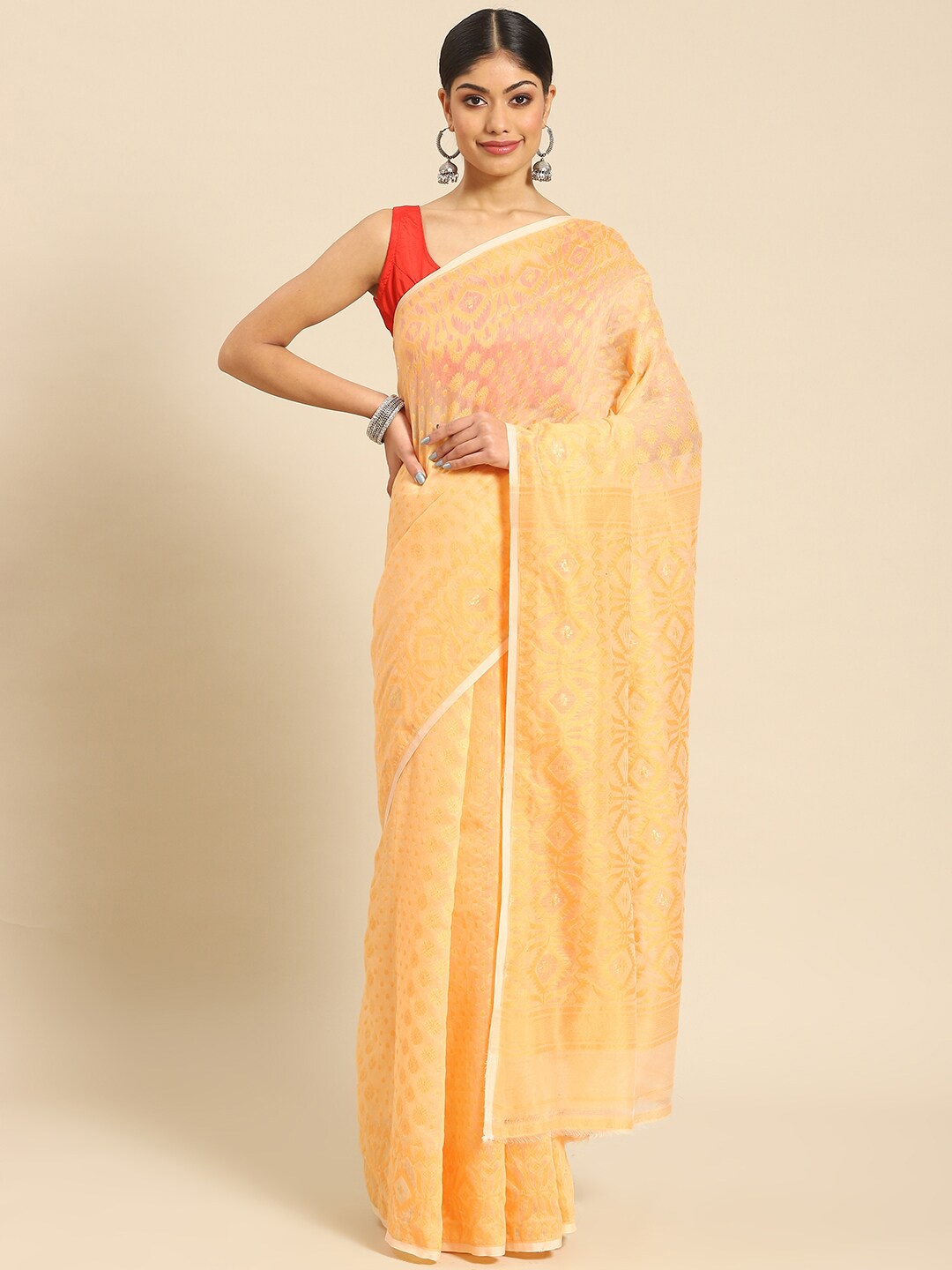 

ADITRI Handloom Floral Woven Design Jamdani Saree, Gold