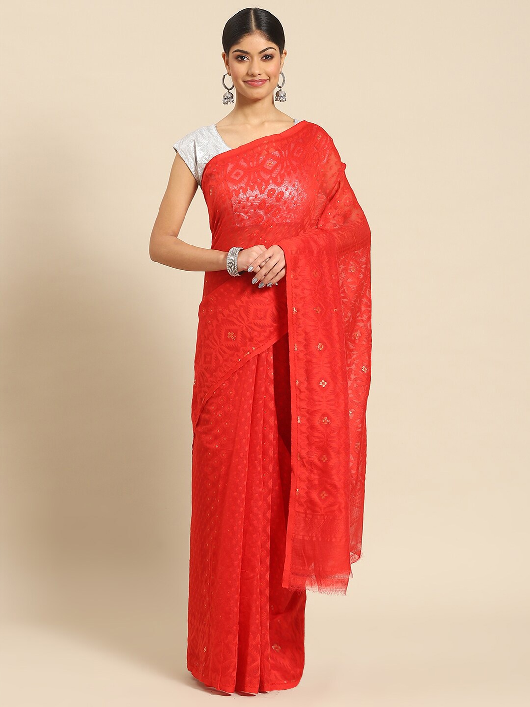 

ADITRI Handloom Floral Woven Design Silk Cotton Jamdani Saree, Red