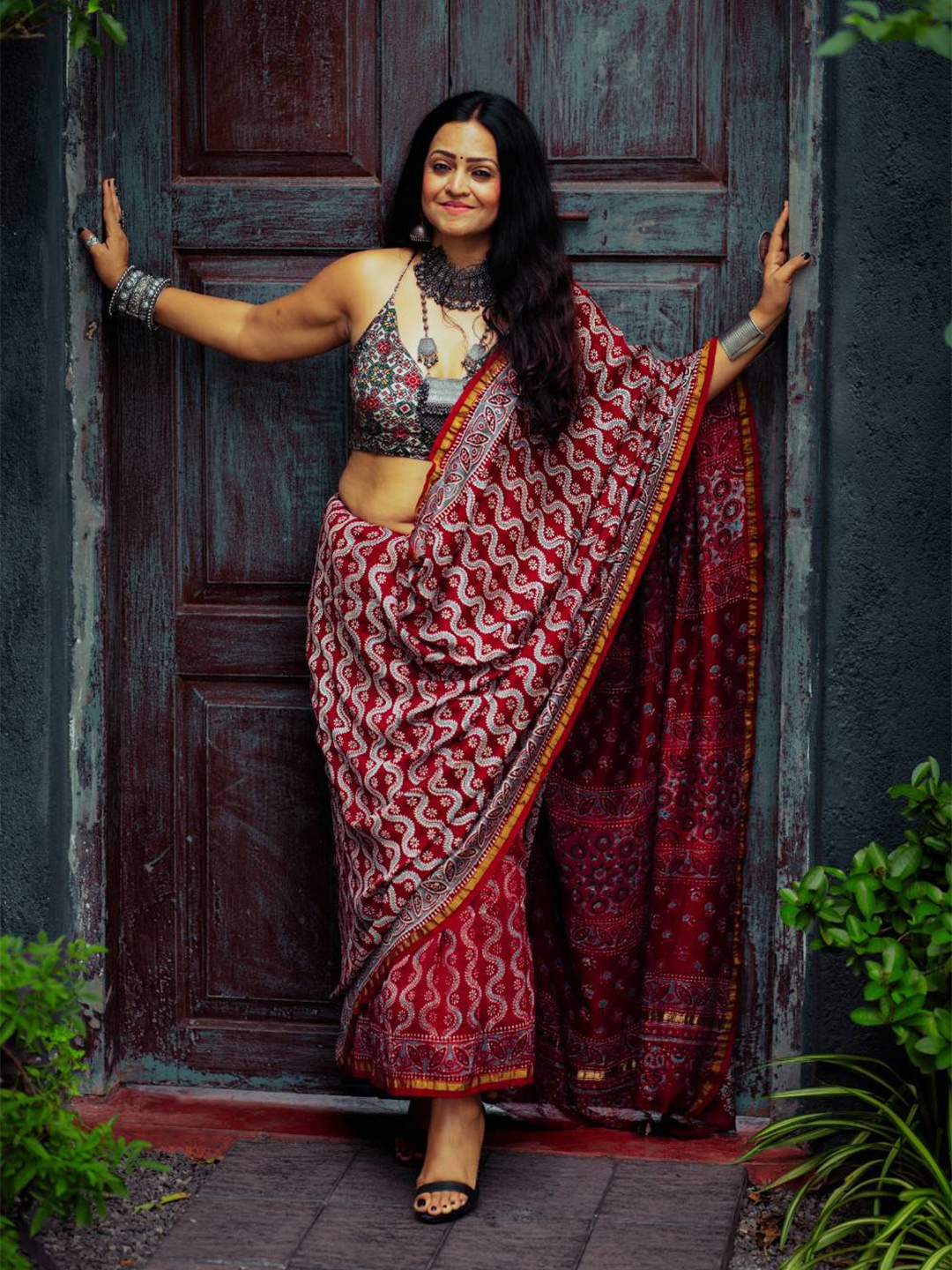 

ADITRI Ajrak Printed Ajrakh Pure Silk Saree, Maroon