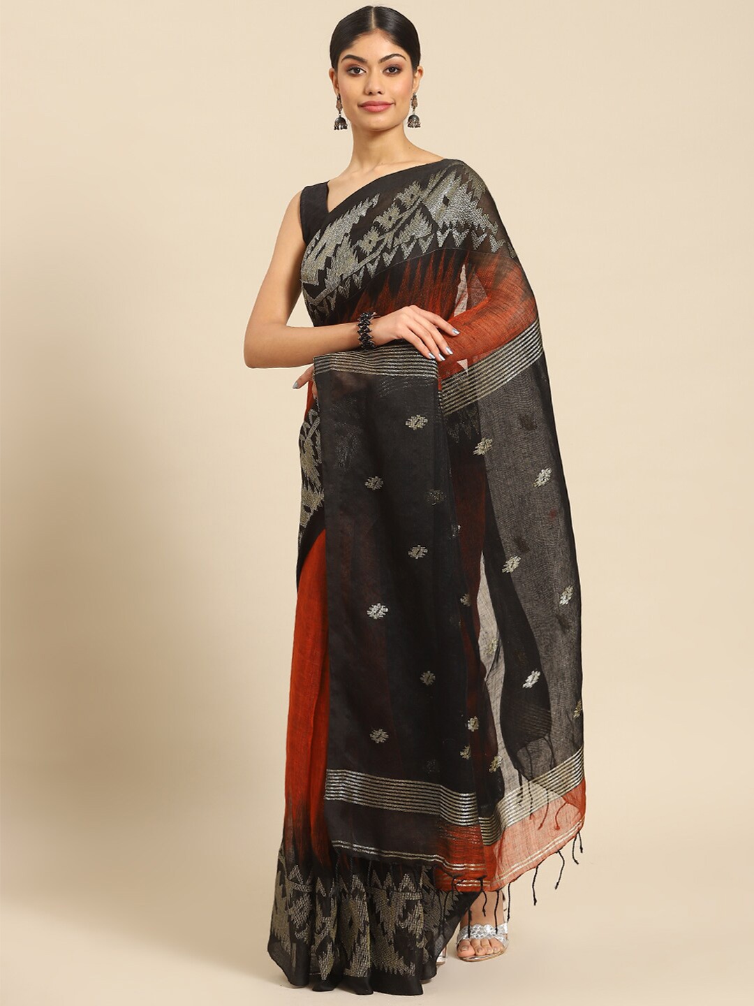 

ADITRI Handloom Ethnic Motifs Printed Pure Linen Jamdani Saree, Coffee brown