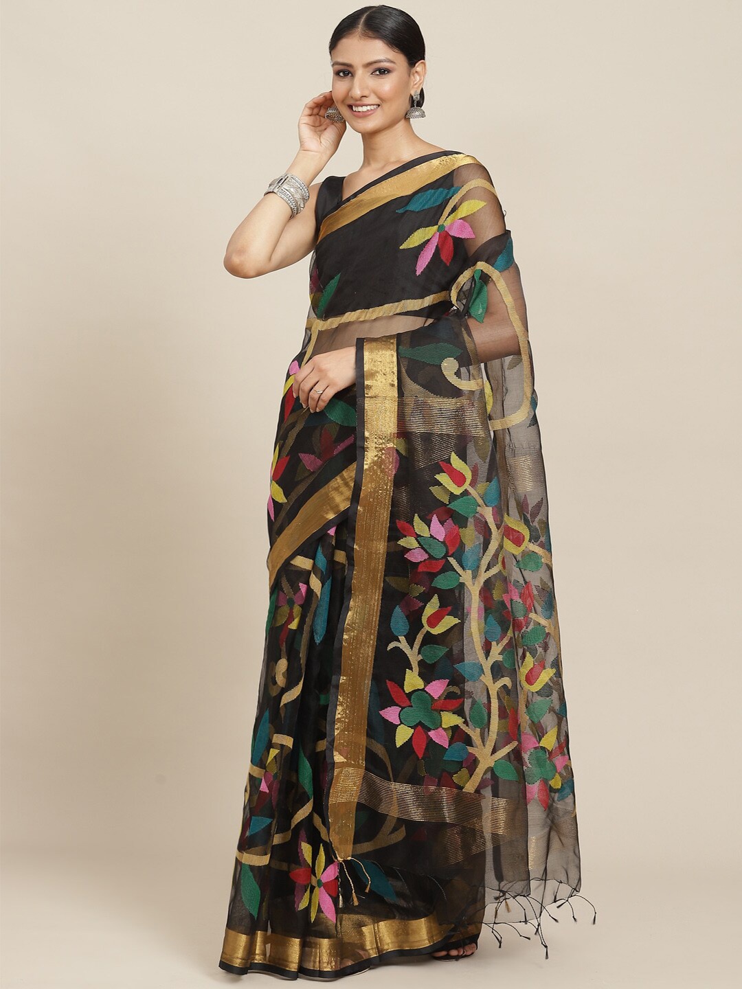

ADITRI Handloom Floral Woven Design Zari Detail Pure Silk Saree, Black