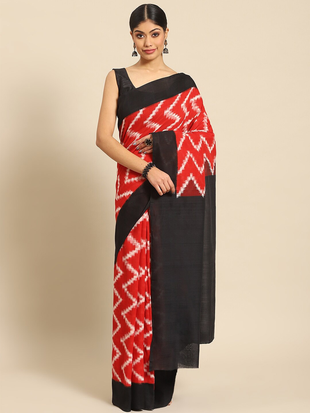 

ADITRI Handloom Geometric Woven Design Pure Cotton Ikat Saree, Red