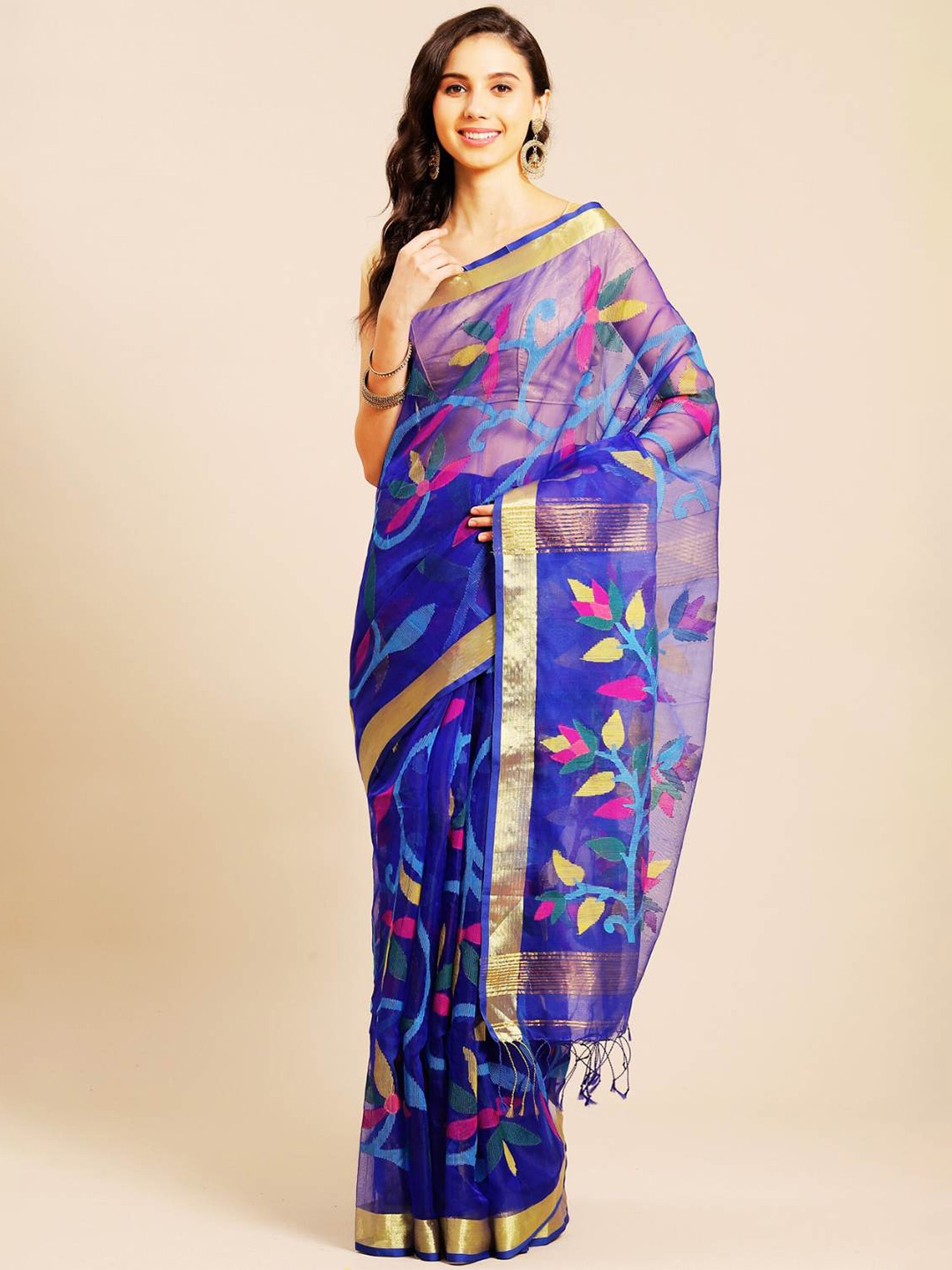 

ADITRI Handloom Floral Woven Design Pure Silk Jamdani Saree, Blue