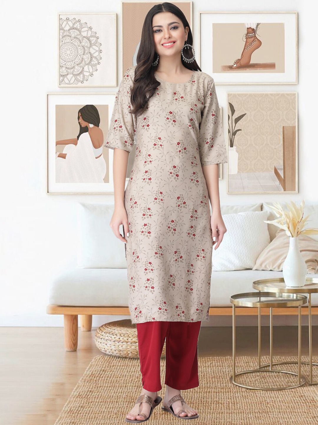 

arangya Ethnic Motifs Printed Kurta With Trousers, Beige