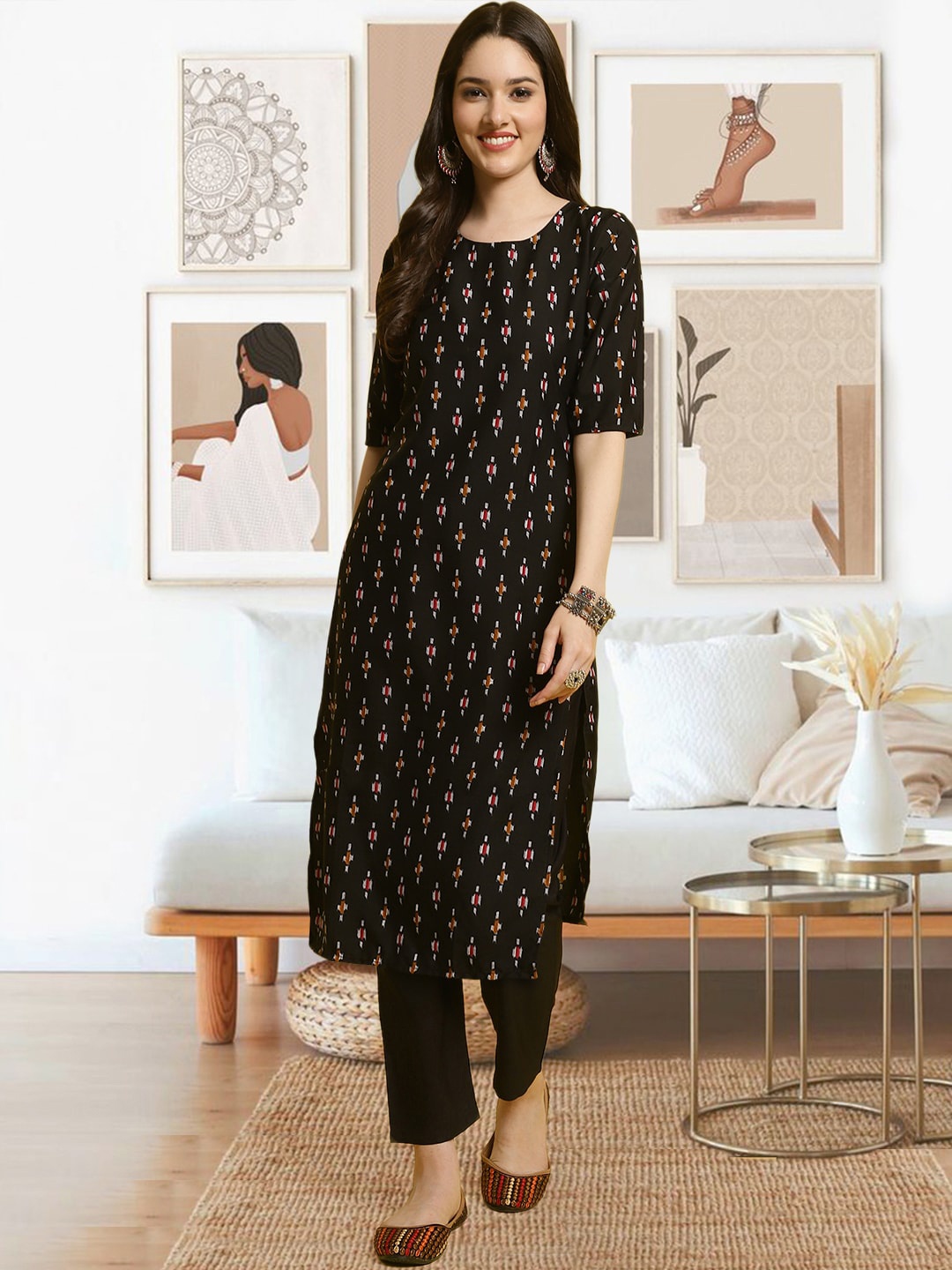 

arangya Ethnic Motifs Printed Straight Kurta with Trousers, Black