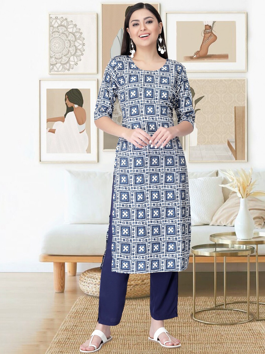 

arangya Ethnic Motifs Printed Kurta With Trousers, Blue
