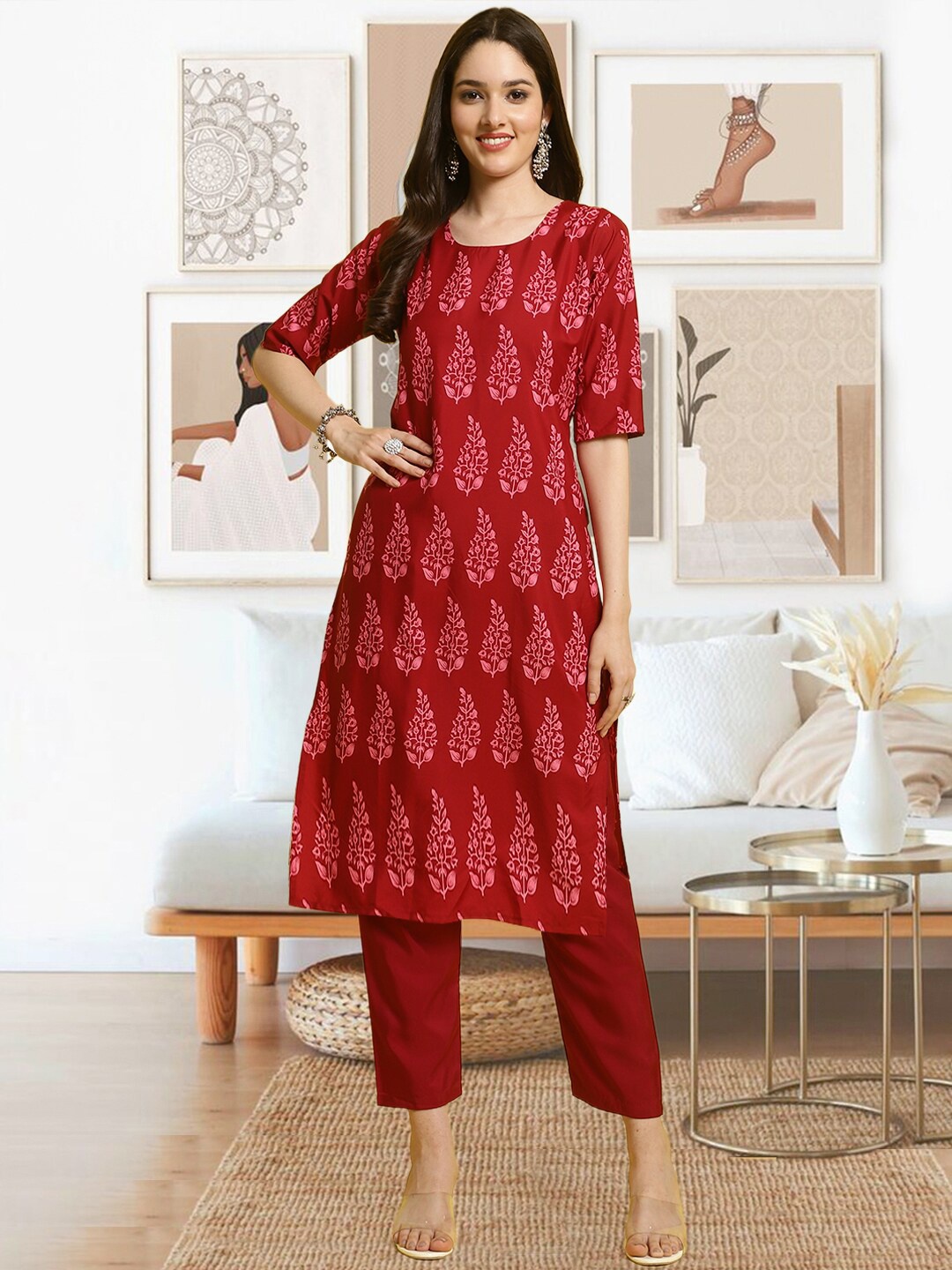 

arangya Floral Printed Regular Kurta with Trousers, Red
