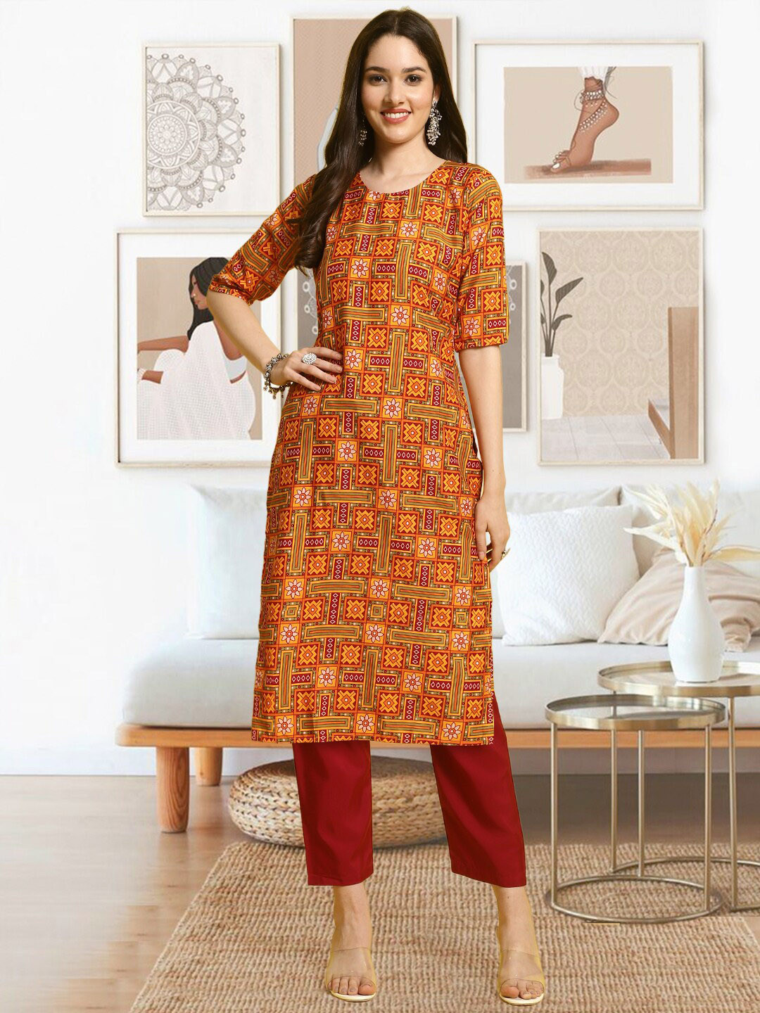 

arangya Ethnic Motifs Printed Straight Kurta With Trousers, Orange