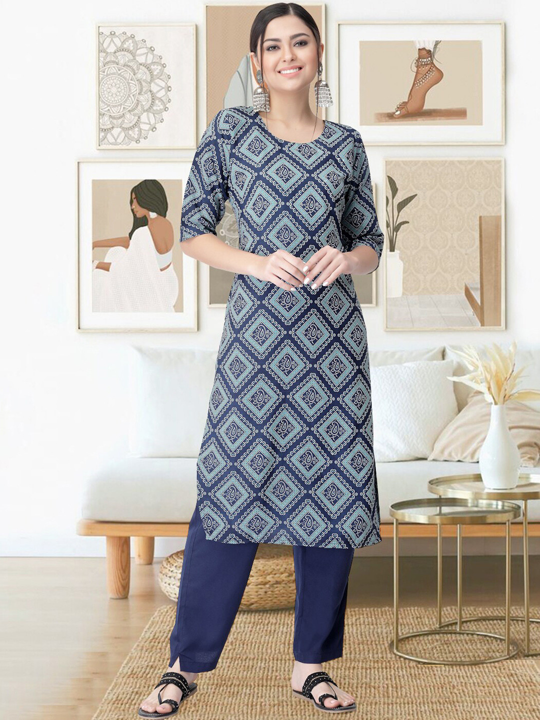 

arangya Printed Kurta with Trousers, Navy blue