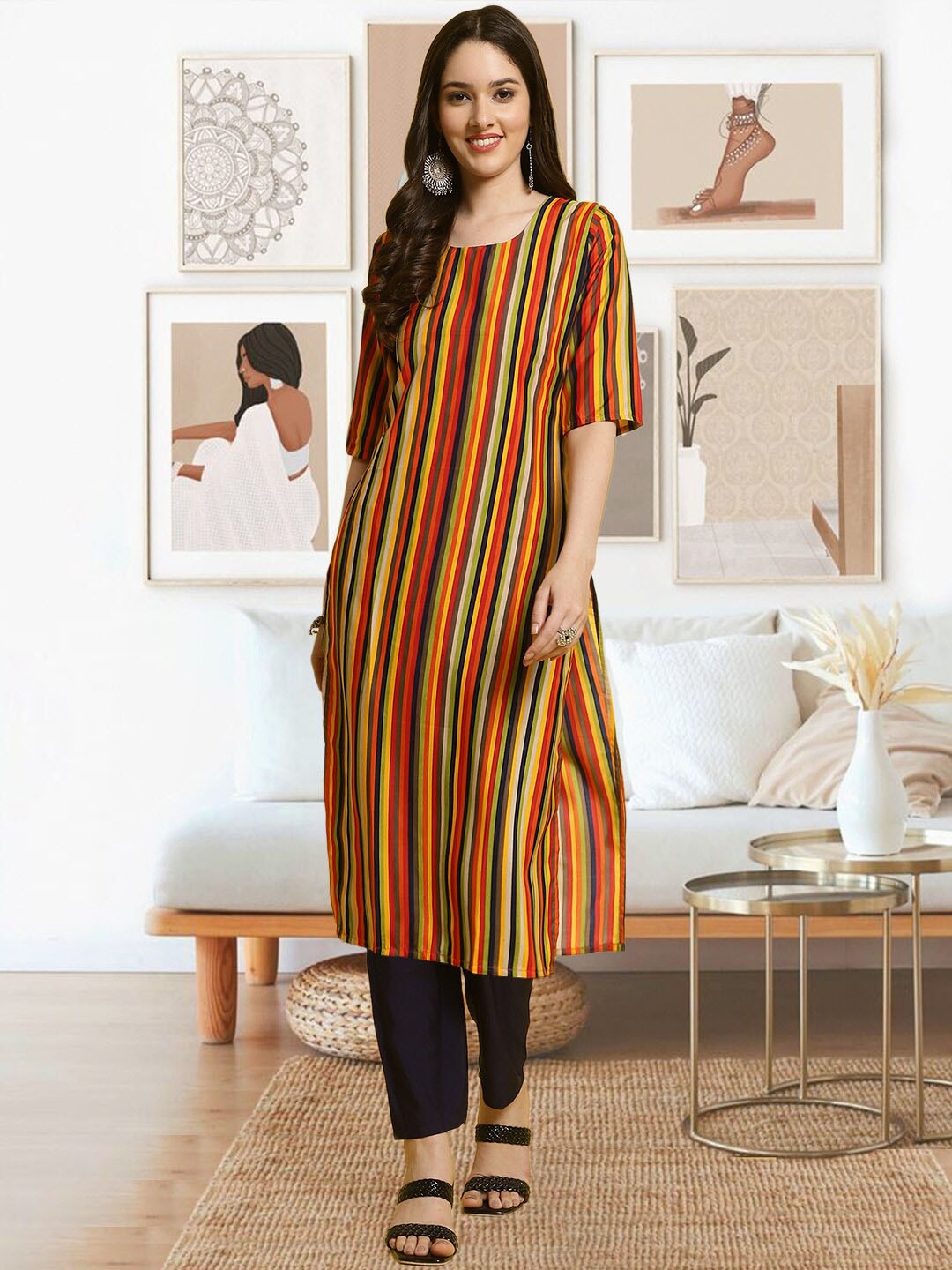 

arangya Striped Straight Kurta with Trousers, Yellow