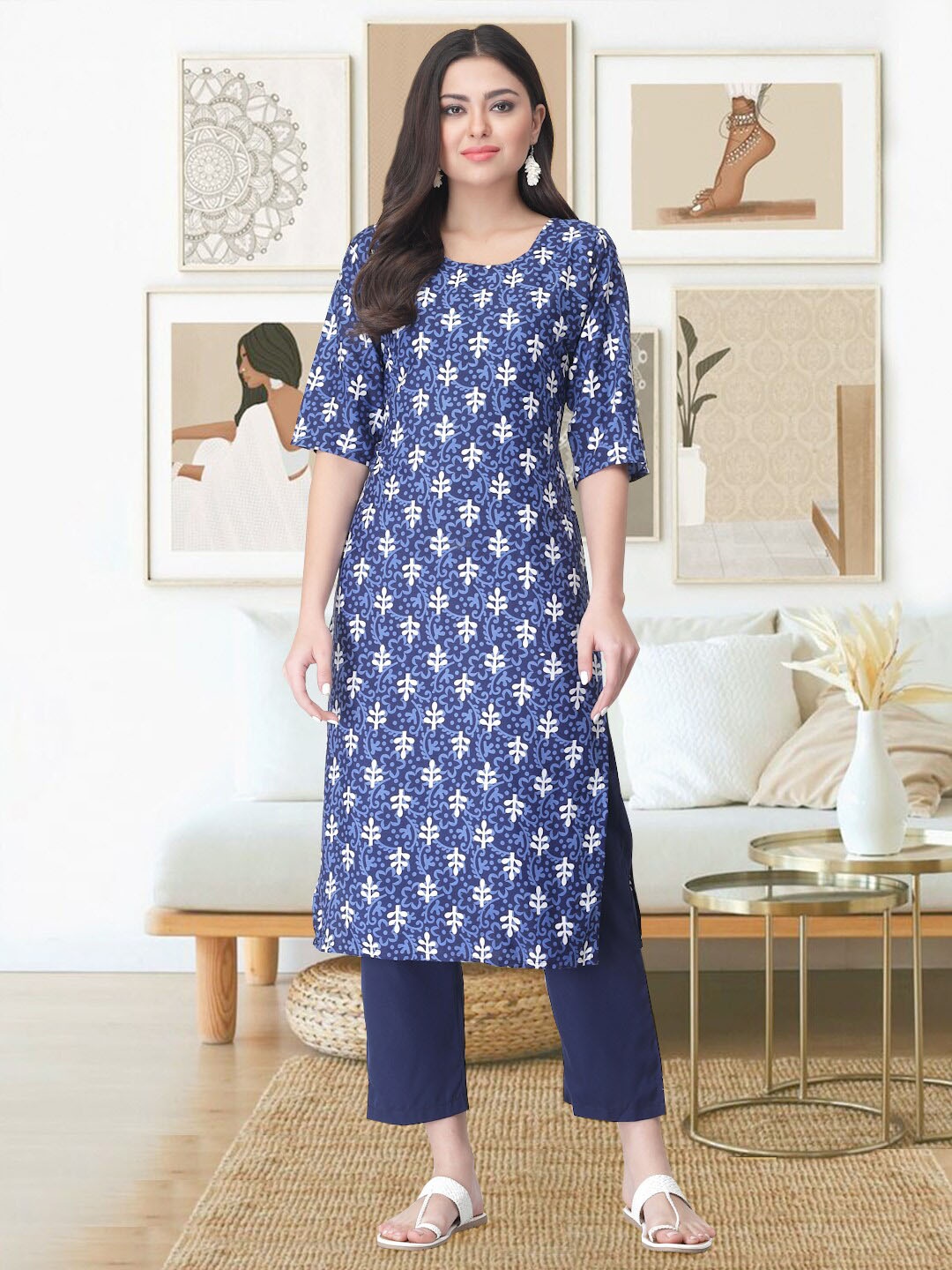 

arangya Ethnic Motifs Printed Straight Kurta with Trouser, Blue