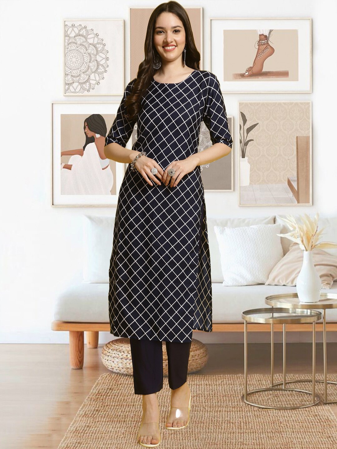 

arangya Geometric Printed Straight Kurta with Trousers, Blue
