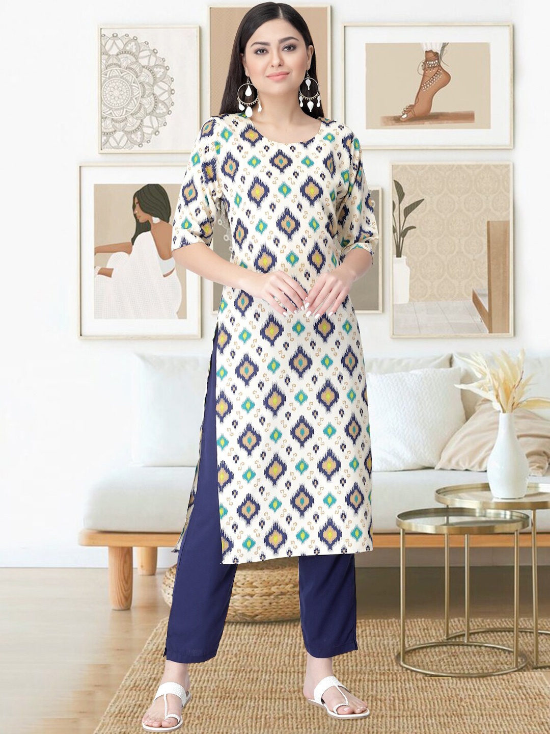 

arangya Ethnic Motifs Printed Round Neck Kurta with Trousers, Off white
