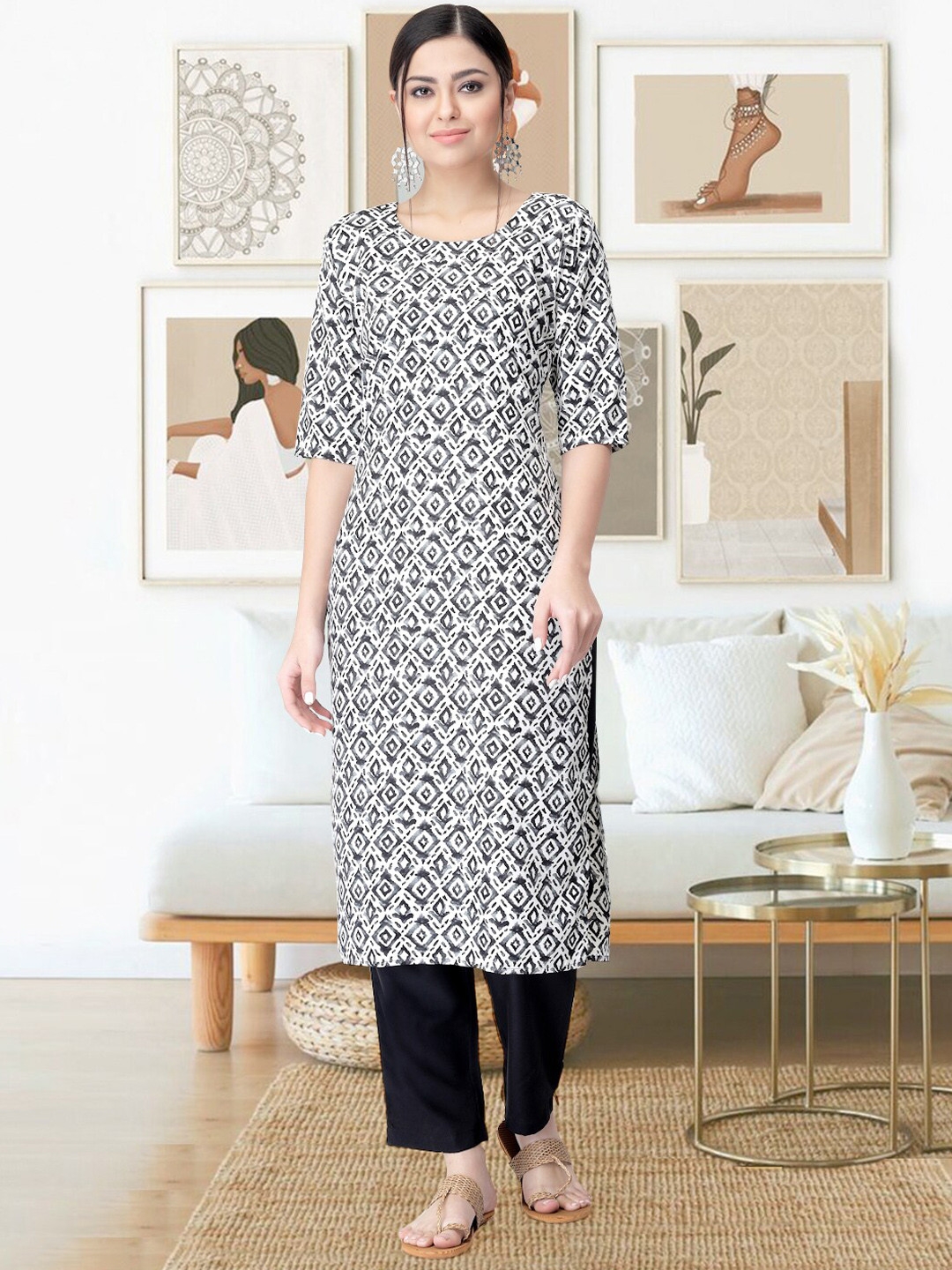

arangya Geometric Printed Regular Kurta with Trousers, White
