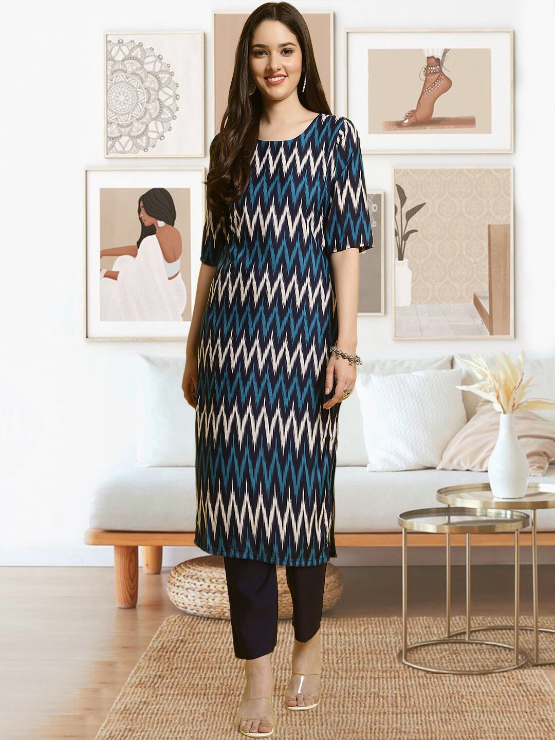 

arangya Chevron Printed Regular Kurta with Trousers, Blue