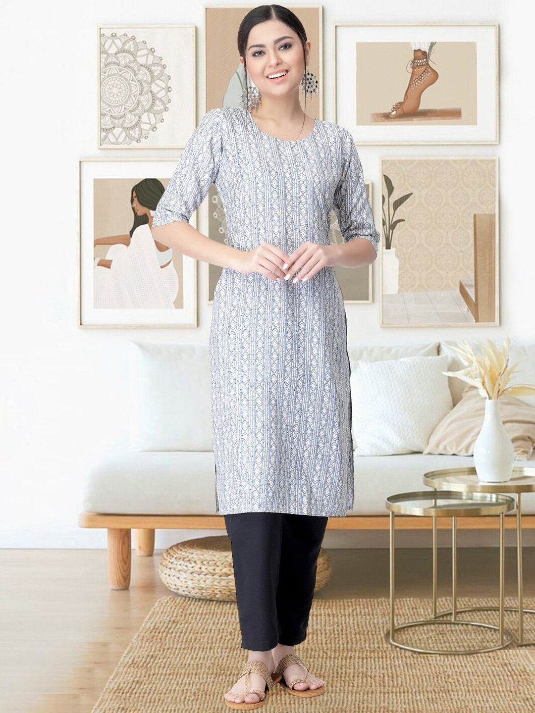

arangya Geometric Printed Regular Kurta with Trousers, White