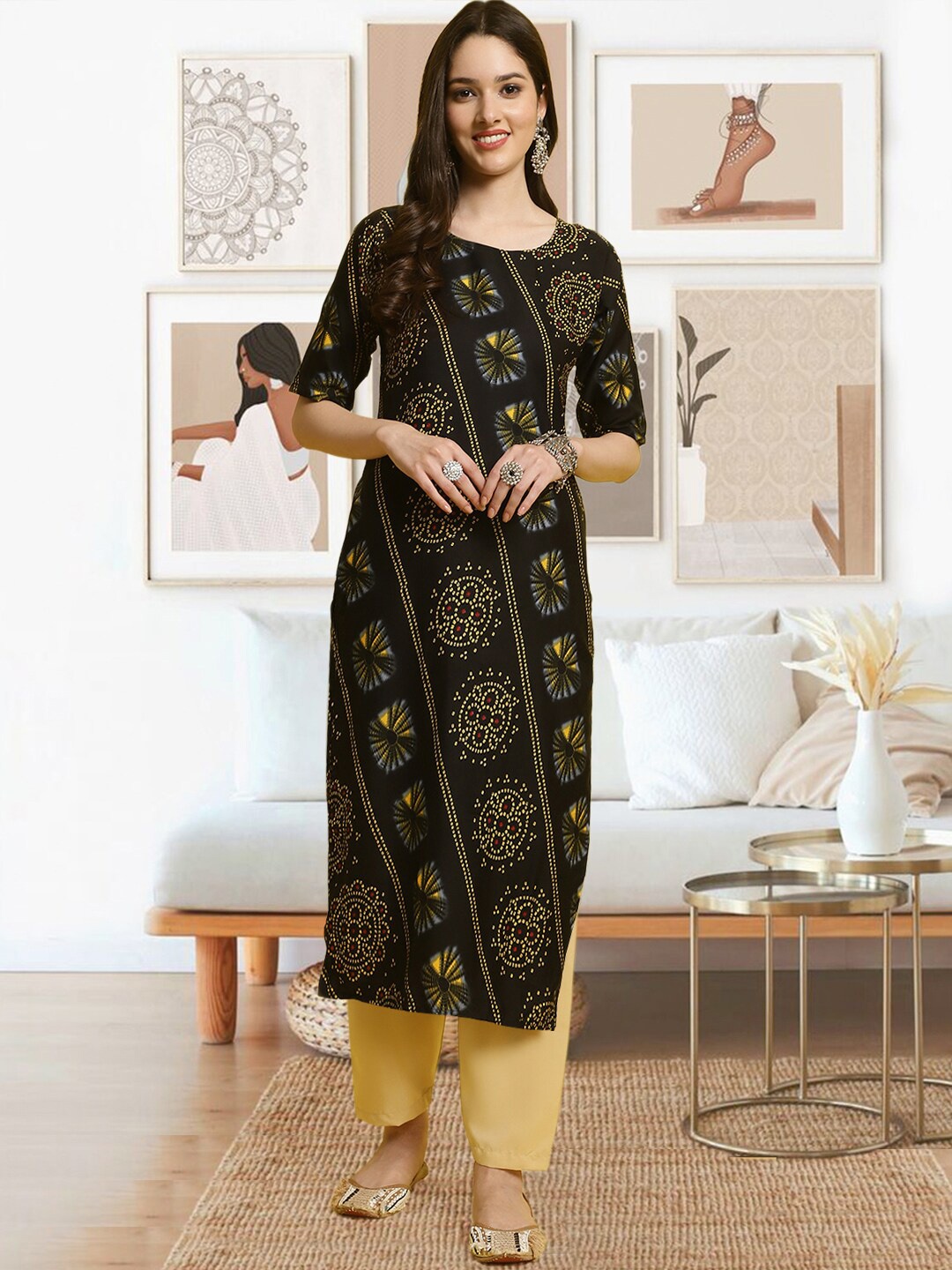 

arangya Ethnic Motifs Printed Kurta With Trousers, Black