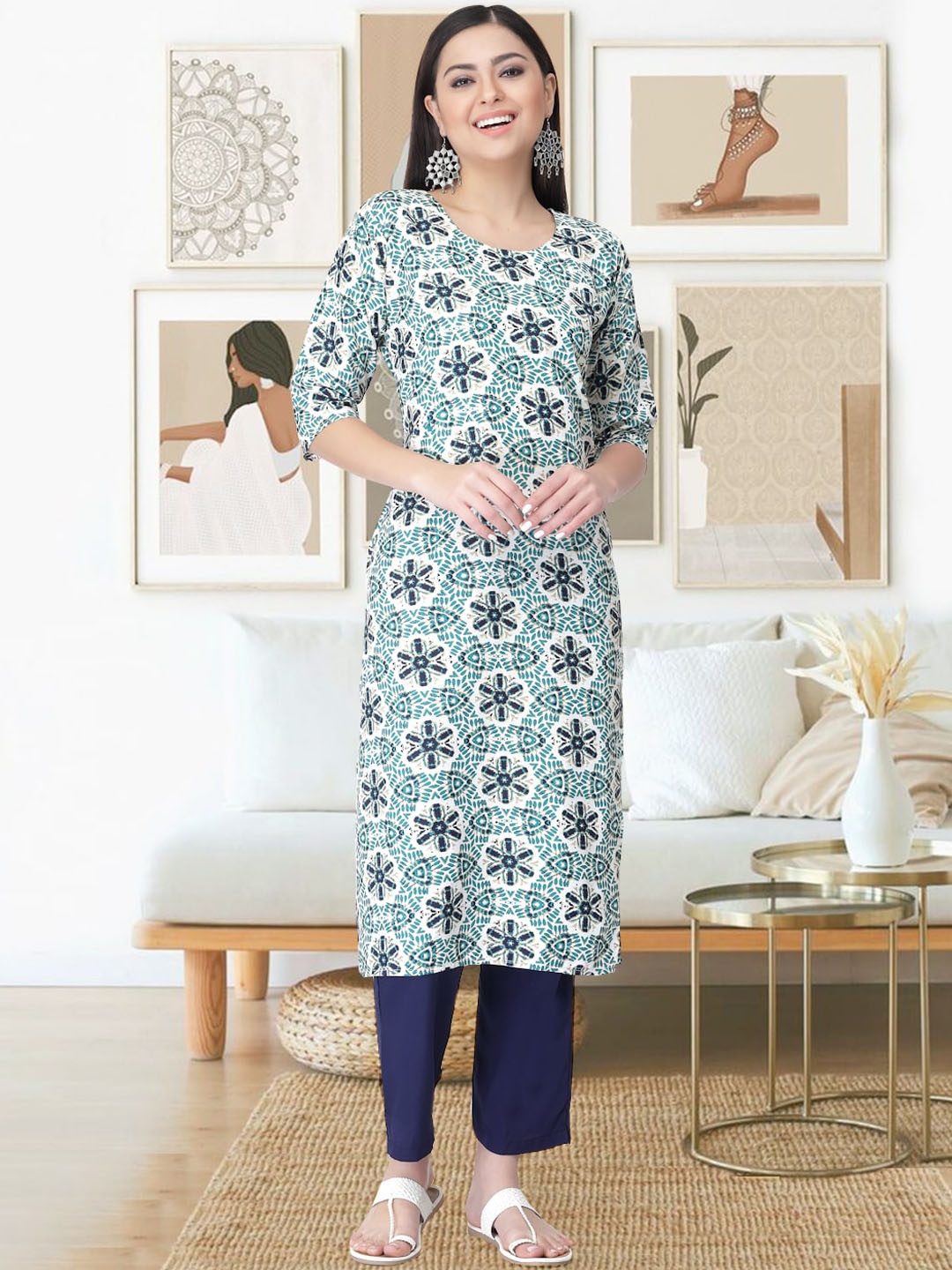 

arangya Floral Printed Regular Kurta with Trousers, Teal