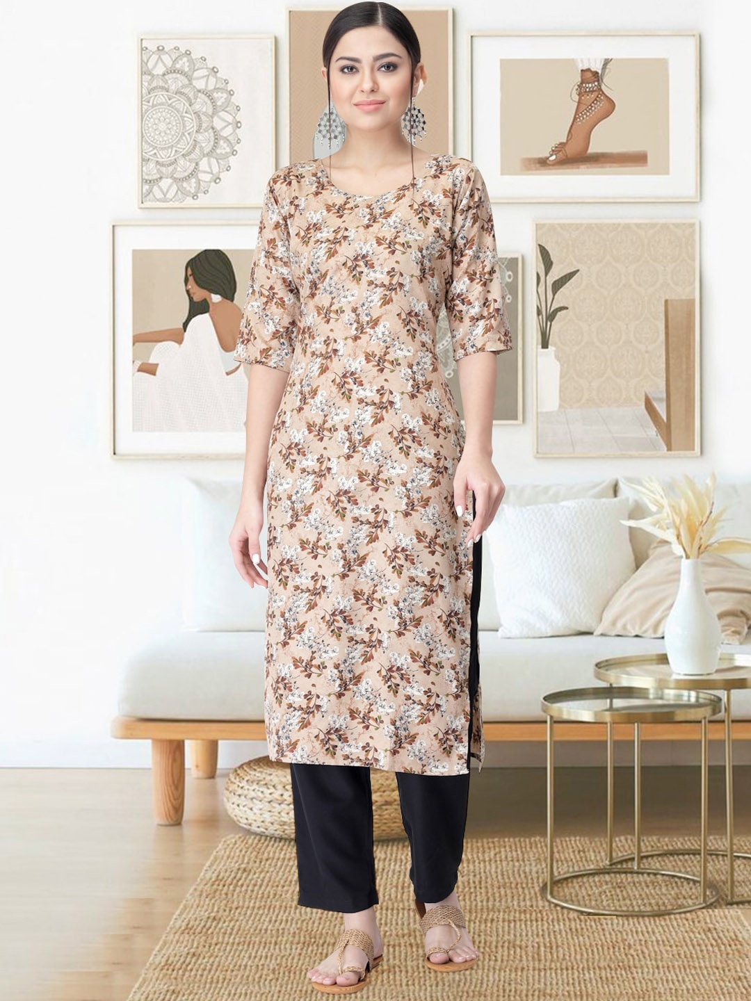 

arangya Floral Printed Straight Kurta with Trousers, Beige