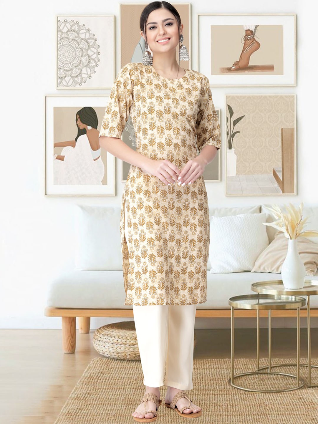 

arangya Ethnic Motifs Printed Regular Kurta with Trousers, Yellow