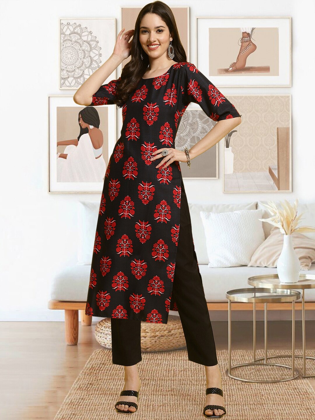 

arangya Floral Printed Regular Kurta with Trousers, Red