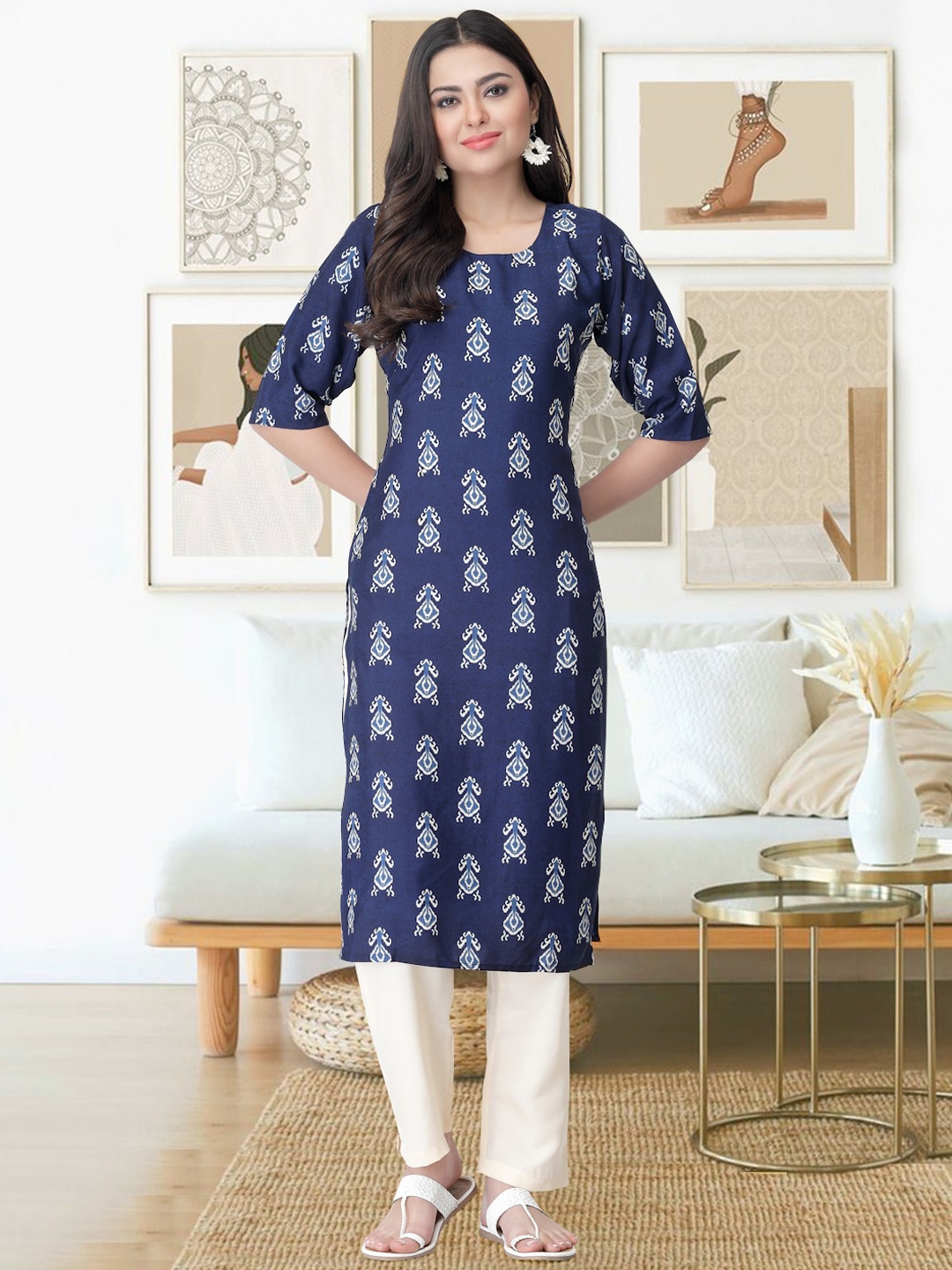

arangya Ethnic Motifs Printed Straight Kurta with Trousers, Blue