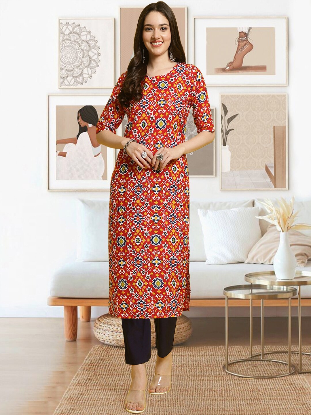 

arangya Ethnic Motifs Printed Regular Kurta with Trousers, Orange