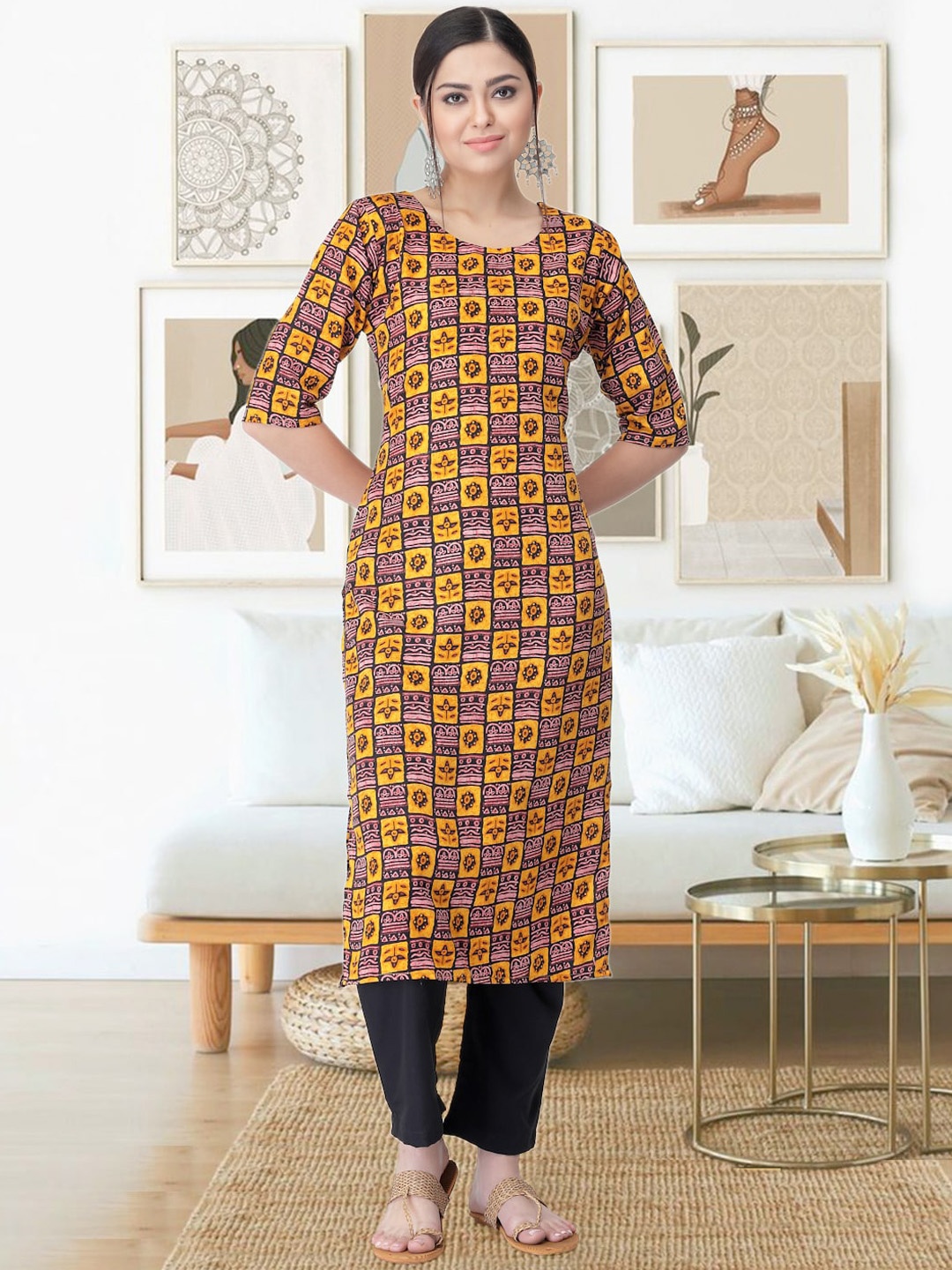 

arangya Ethnic Motifs Printed Straight Kurta with Trousers, Black