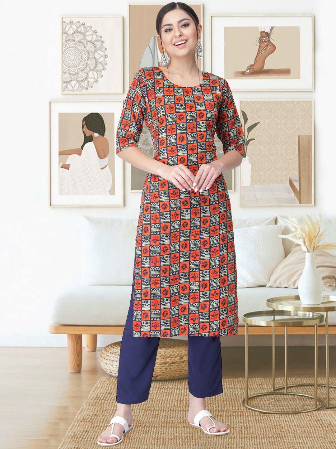 

arangya Ethnic Motifs Printed Regular Kurta with Trousers, Red
