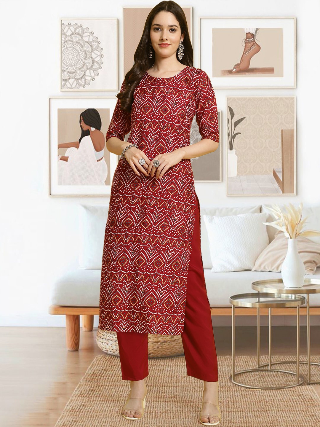 

arangya Bandhani Printed Straight Kurta with Trousers, Maroon
