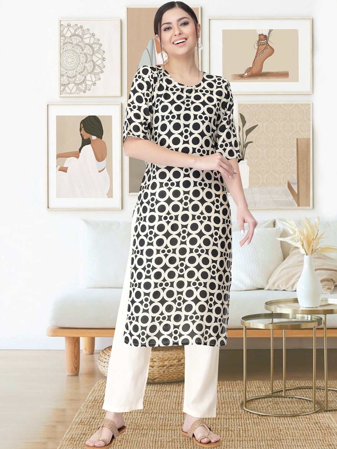 

arangya Geometric Printed Regular Kurta with Trousers, Black
