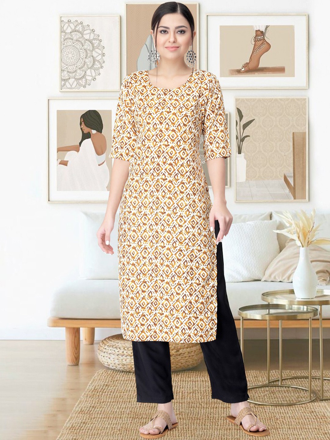 

arangya Women Ethnic Motifs Printed Regular Kurta with Trousers, Yellow