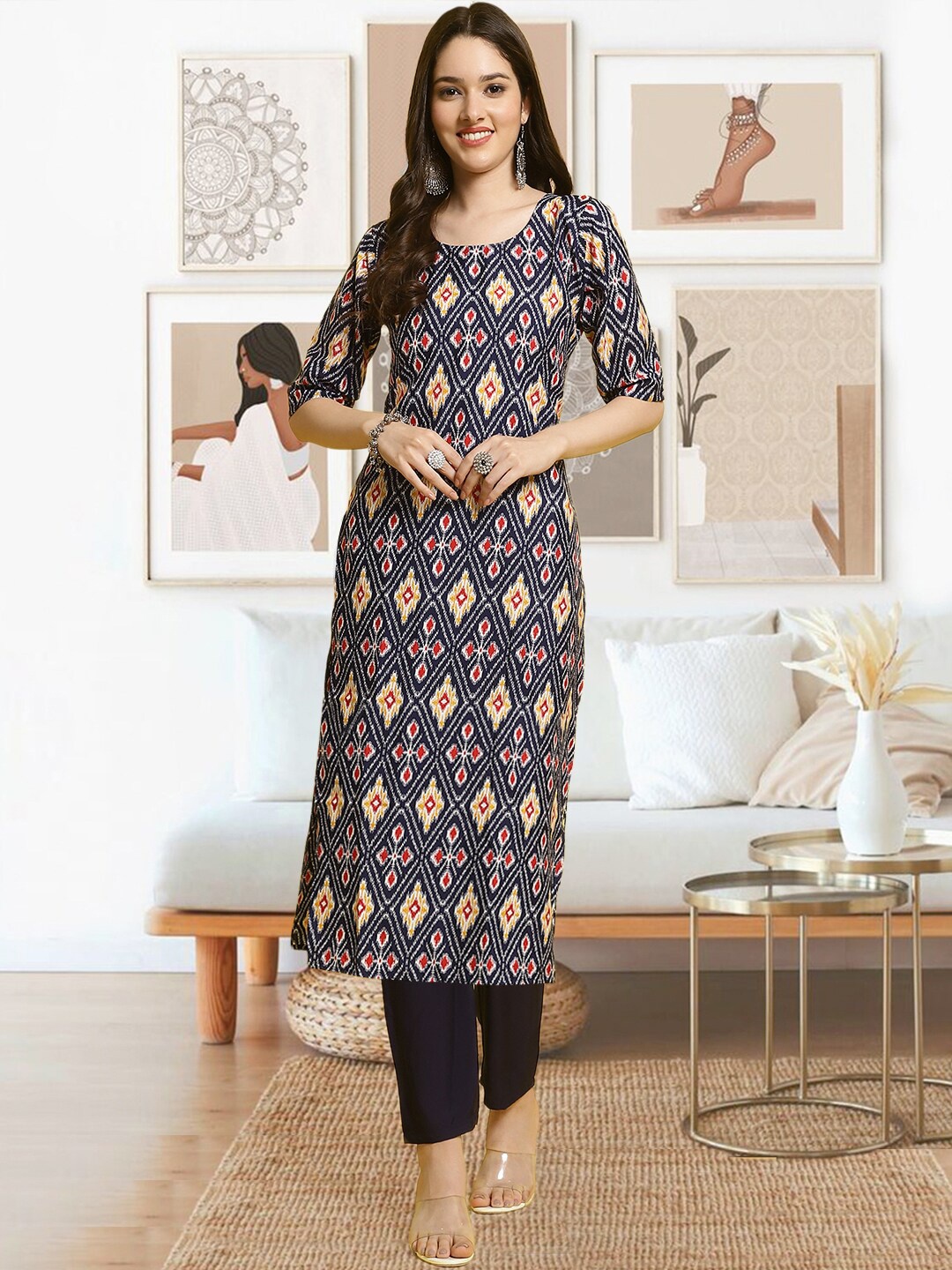 

arangya Ethnic Motifs Printed Regular Kurta with Trousers, Blue