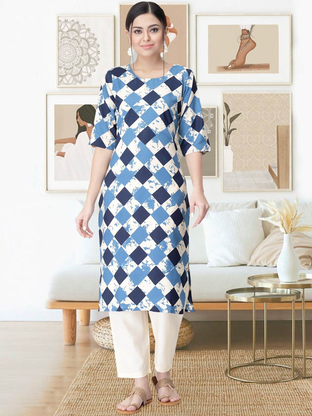 

arangya Checked Round Neck Kurta with Trousers, Blue