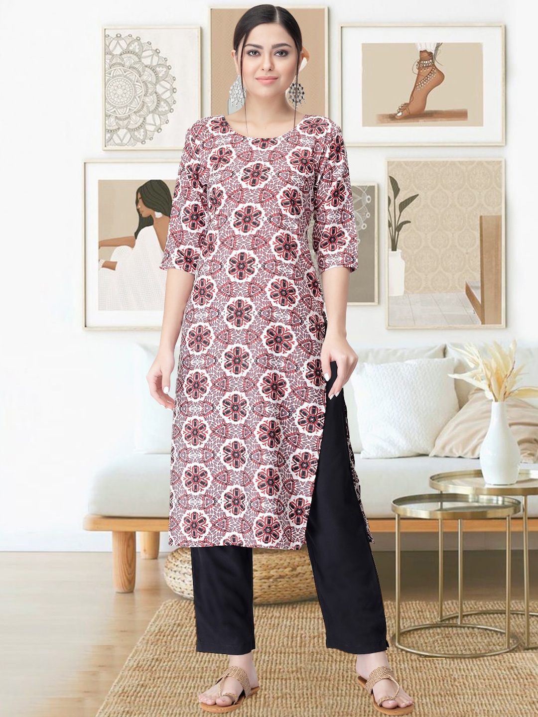 

arangya Ethnic Motifs Printed Round Neck Kurta with Trousers, Red