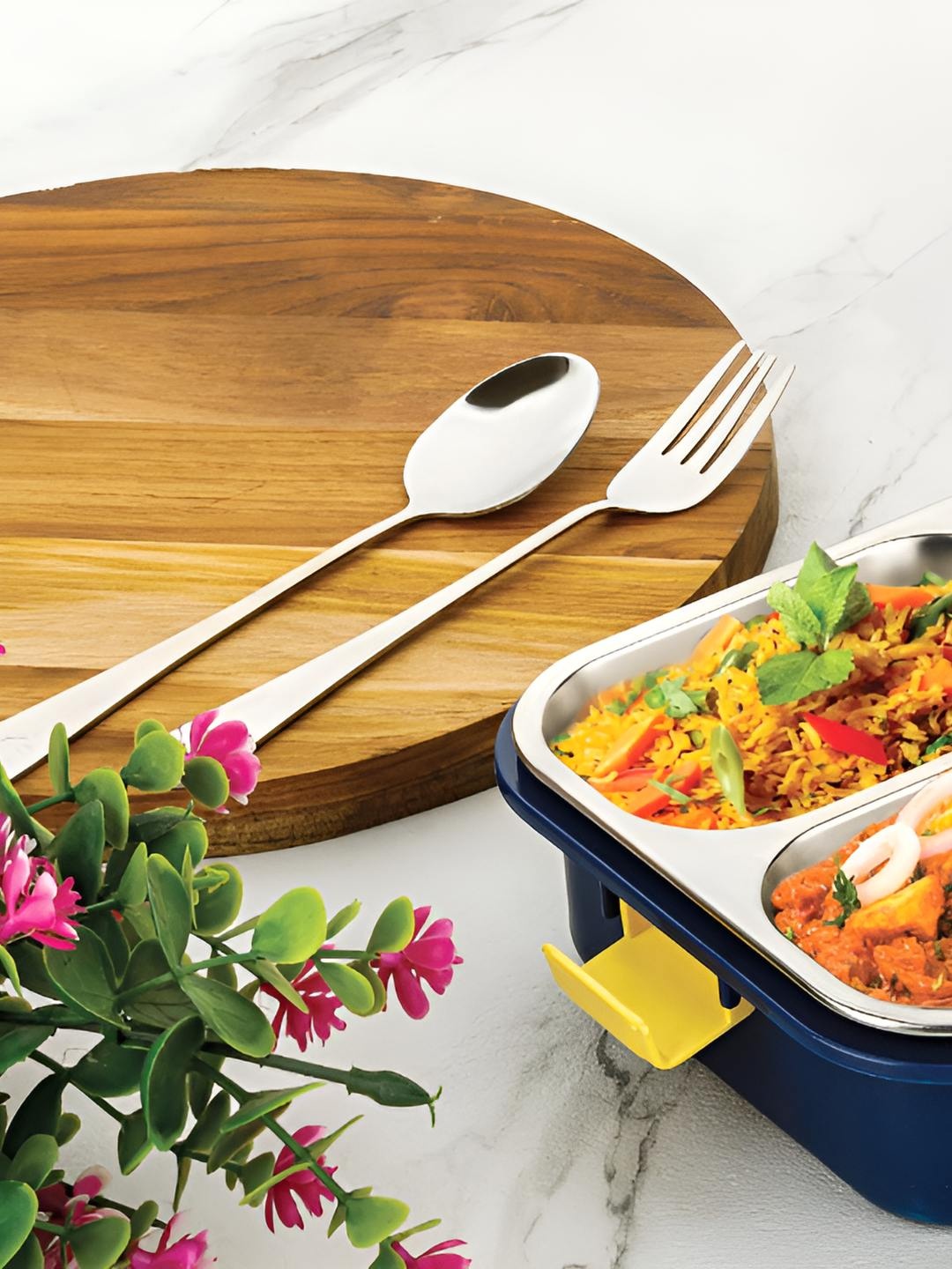 

OMORTEX Blue Stainless Steel Lunch Boxes With Removable Inner Plate, Silver