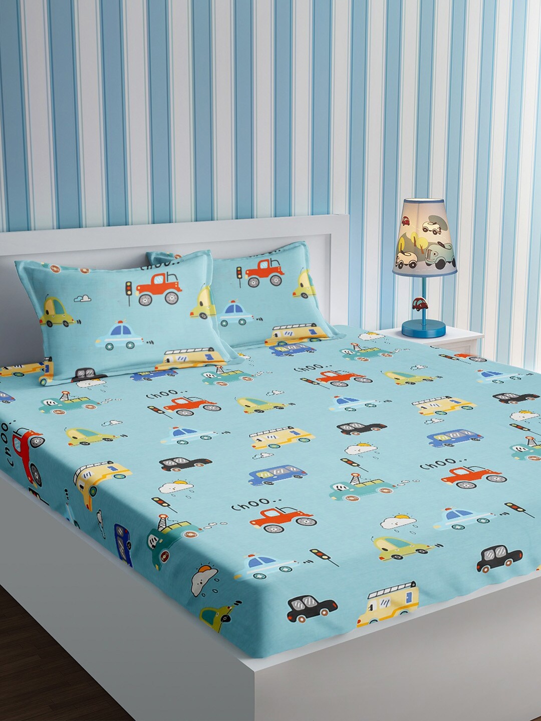 

URBAN DREAM Blue & Yellow Graphic Cotton 210 TC Queen Bedsheet With 2 Pillow Covers