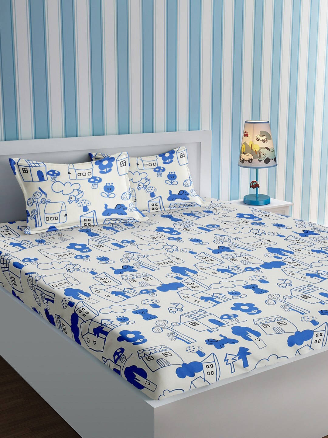 

URBAN DREAM White & Blue Graphic Cotton 210 TC Queen Bedsheet With 2 Pillow Covers