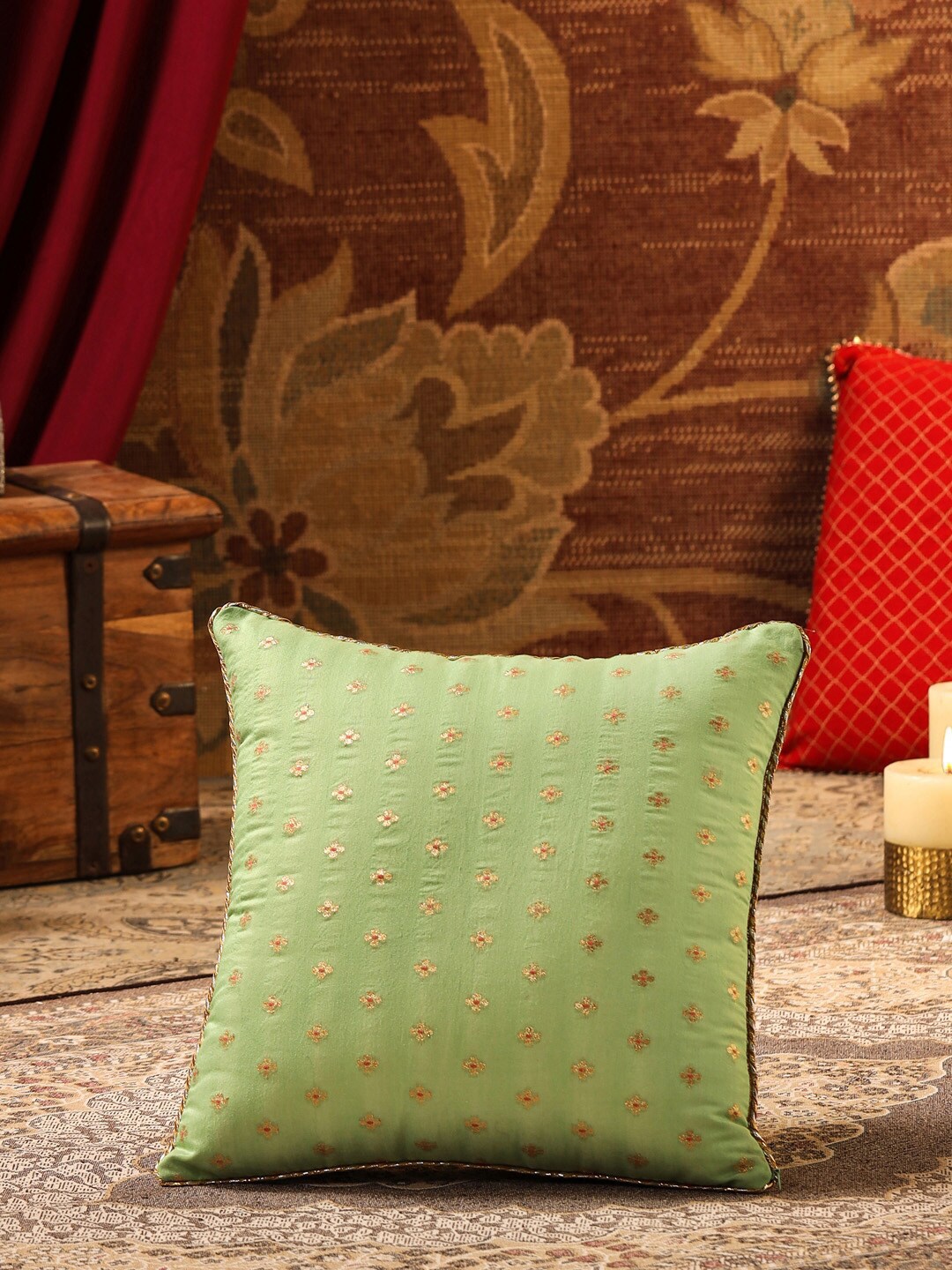 

House of Pataudi Green Embroidered Jacquard Square Cushion Cover